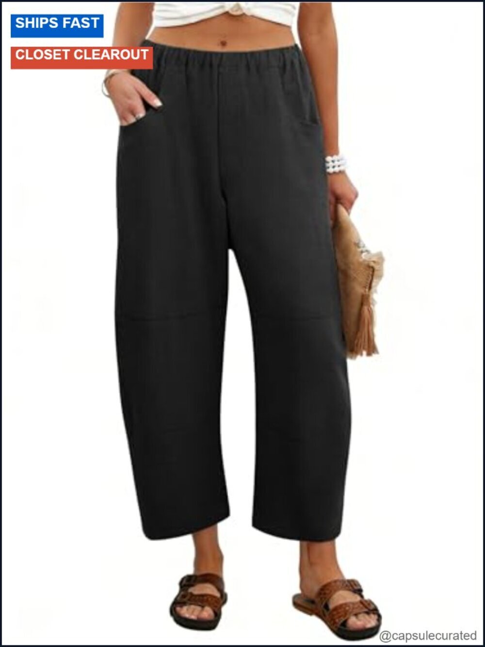 Wide Leg Barrel Pants Casual Elastic Waist Linen Cropped Harem Pants with